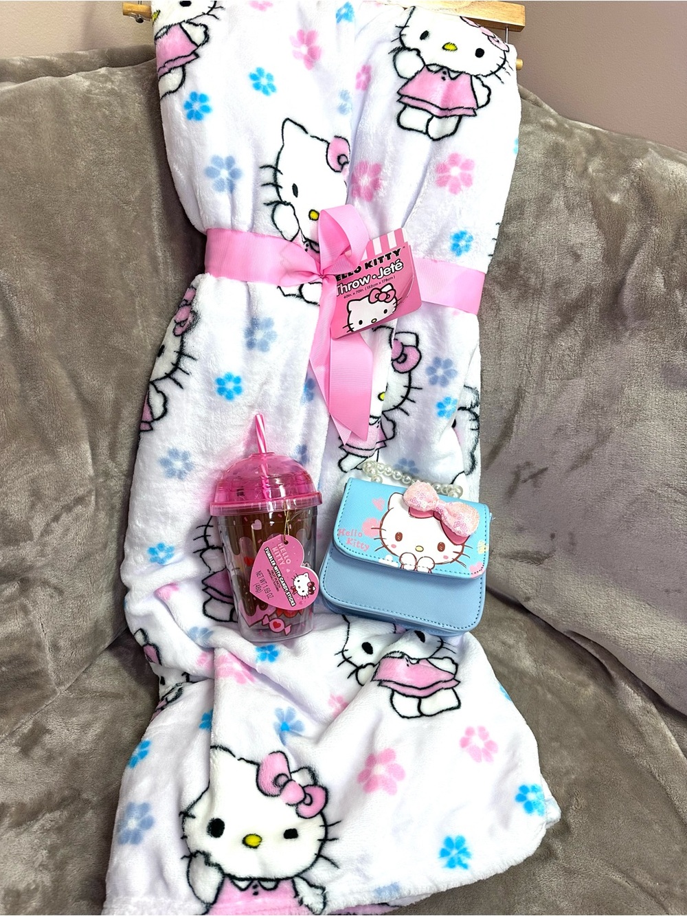 Hello Kitty, three-piece bundle - blanket,  purse, and Tumbler with candy NWT